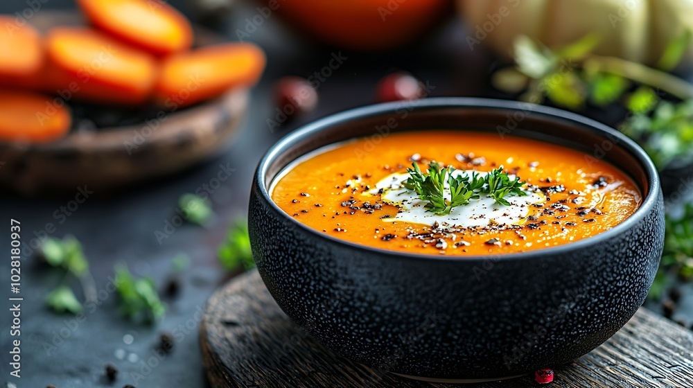 Pumpkin and carrot soup tadka with cream and parsley on dark wooden background Top view : Generative AI