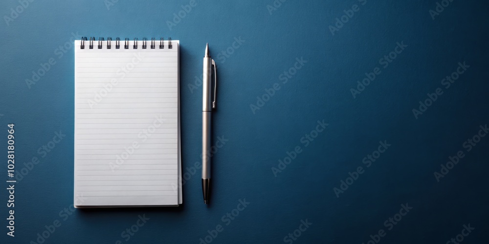 Stylish Blank Notepad and Pen on Dark Blue Background for Creative Ideas and Inspiration - Flat Lay Product Photography Mockup Stylish Blank Notepad and Pen on Dark Blue Background for Creative Ideas and Inspiration - Flat Lay Product Photography Mockup