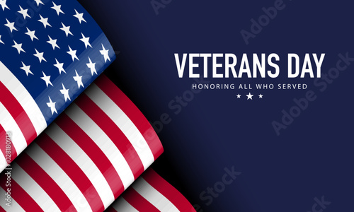 Veterans Day Background Design with Honoring all who served lettering and USA flag illustration.