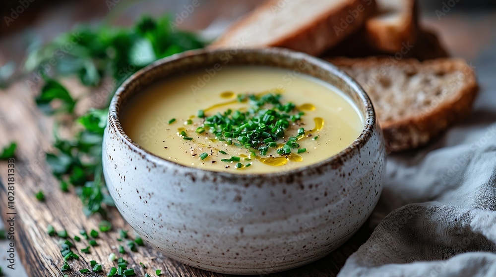 Cauliflower parsnip potato soup with chives and brown bread in a white ceramic bowl on a wooden background : Generative AI Cauliflower parsnip potato soup with chives and brown bread in a white ceramic bowl on a wooden background : Generative AI