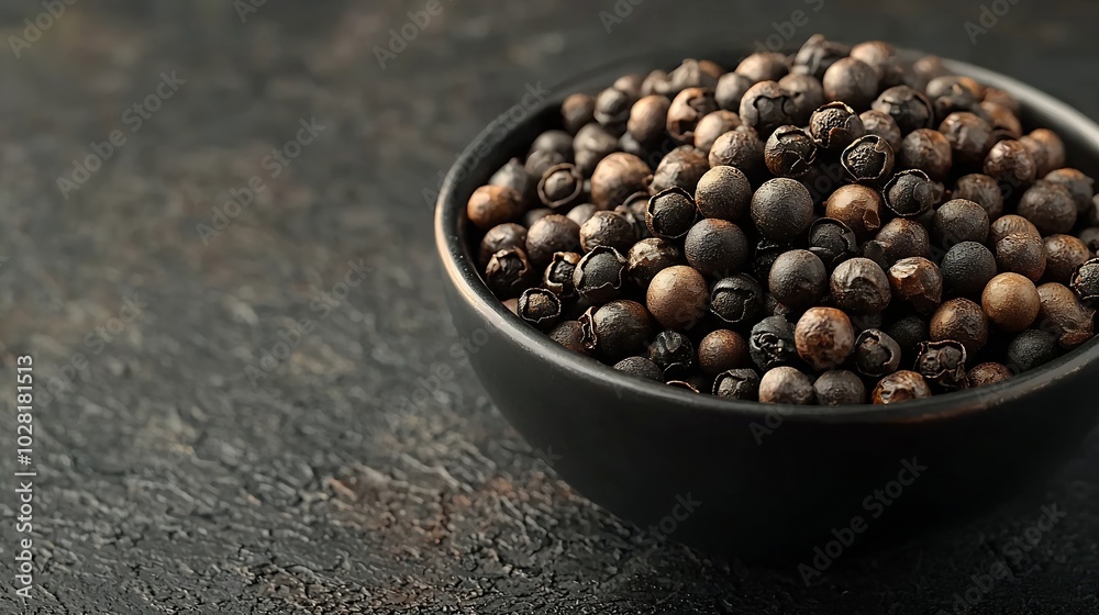 Black pepper peppercorns in black bowl Grey background Copy space : Generative AI Black pepper peppercorns in black bowl Grey background Copy space : Generative AI