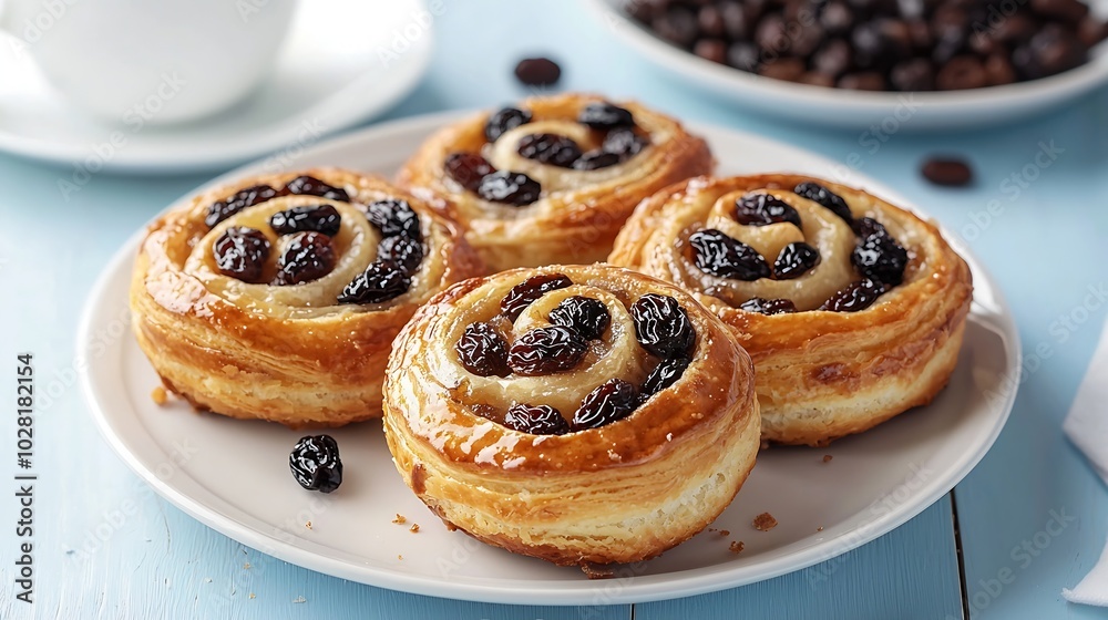 Fresh danish pastry with raisins with a cup of black coffee on blue table background : Generative AI Fresh danish pastry with raisins with a cup of black coffee on blue table background : Generative AI