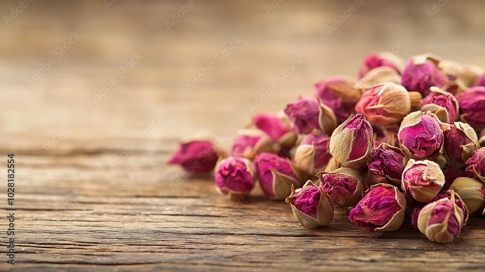 Dried rose buds on a wooden background : Generative AI Dried rose buds on a wooden background : Generative AI