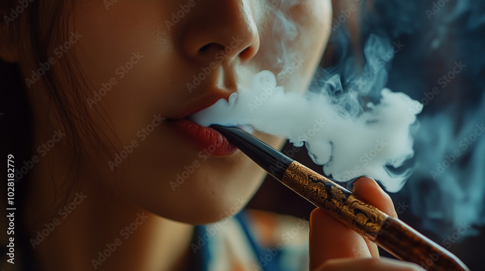 Fototapeta premium A close-up of a person smoking a traditional kiseru