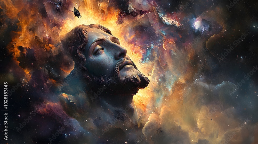A Close-up of Jesus' Face Surrounded by a Cosmic Nebula A Close-up of Jesus' Face Surrounded by a Cosmic Nebula