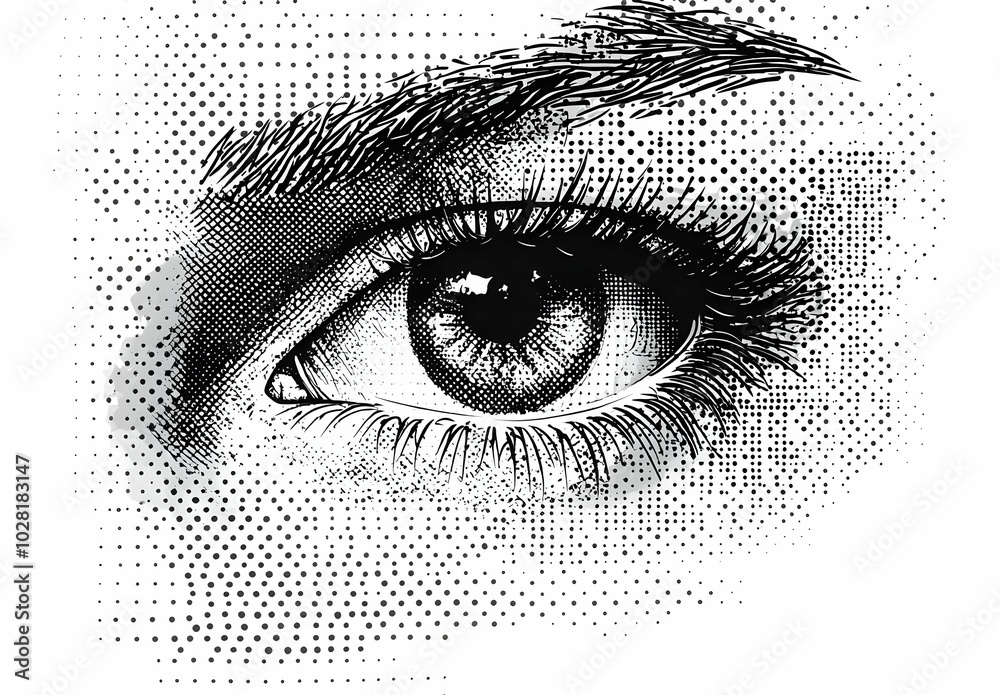 Obraz premium Black and White Eye with Halftone Pattern.