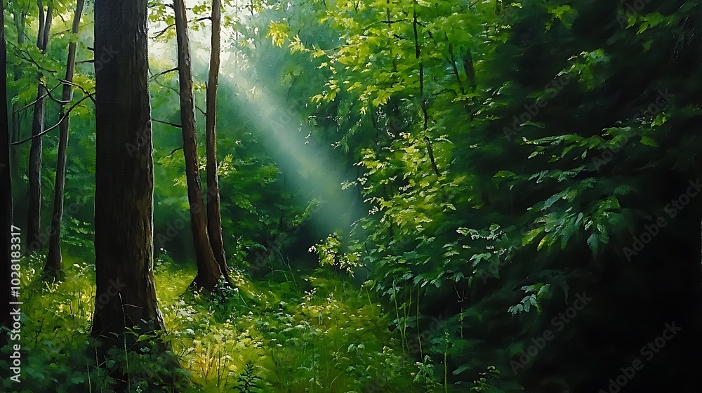 Fototapeta premium Sunbeams Through Forest Trees