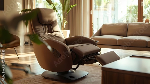 A brown fabric recliner chair with multiple heat and massage points on the back, Generative AI illustrations.