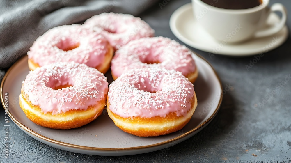 Donuts on a plate with cup of coffee Grey background Close up : Generative AI Donuts on a plate with cup of coffee Grey background Close up : Generative AI