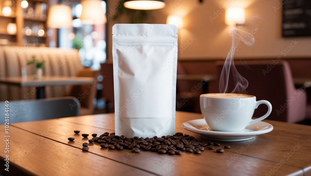 Warm coffee shop scene with a steaming cup of coffee, coffee beans, and a minimalist standing pouch. Cozy café interior with a softly blurred background. Warm coffee shop scene with a steaming cup of coffee, coffee beans, and a minimalist standing pouch. Cozy café interior with a softly blurred background.