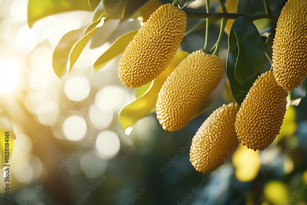 Jackfruit fruit tree with ripe and green leaves in sunlight. Jackfruit fruit tree with ripe and green leaves in sunlight.
