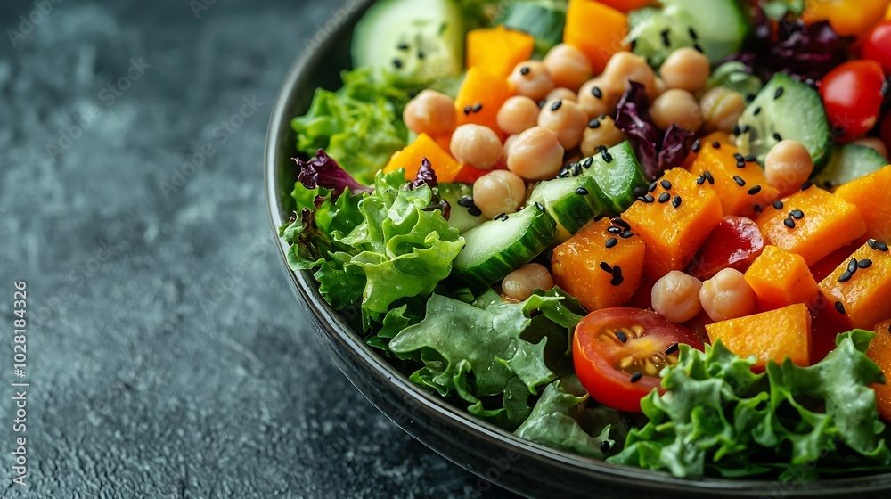 Healthy vegetarian salad Buddha bowl Lentil chickpea carrot pumpkin tomatoes cucumber lettuce Close up : Generative AI Healthy vegetarian salad Buddha bowl Lentil chickpea carrot pumpkin tomatoes cucumber lettuce Close up : Generative AI