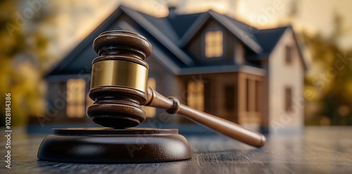 Judge auction and real estate concept. Gavel of the judge and houses on table background real estate law concept with copy space.
