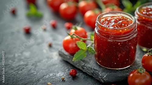 Tomato and chili sauce jam confiture in a glass jar on a grey stone background : Generative AI