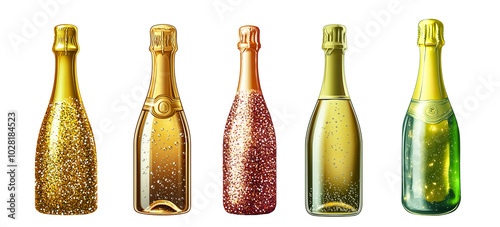 Collection set of gold sparkling champagne bottle with twinkle glitter on isolated background.elements for party and celebration design