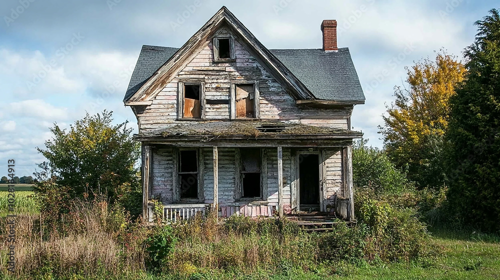 A crumbling, old abandoned house with a sagging roof A crumbling, old abandoned house with a sagging roof