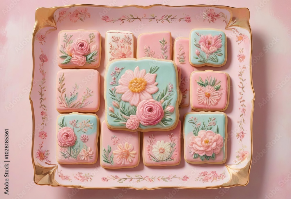 A plate of cookies with pink flower designs painted on them A plate of cookies with pink flower designs painted on them
