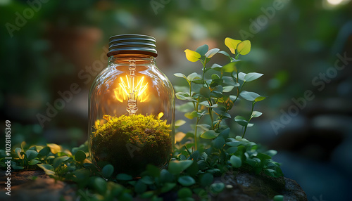 Glowing Light Bulb in Glass Jar with Moss.