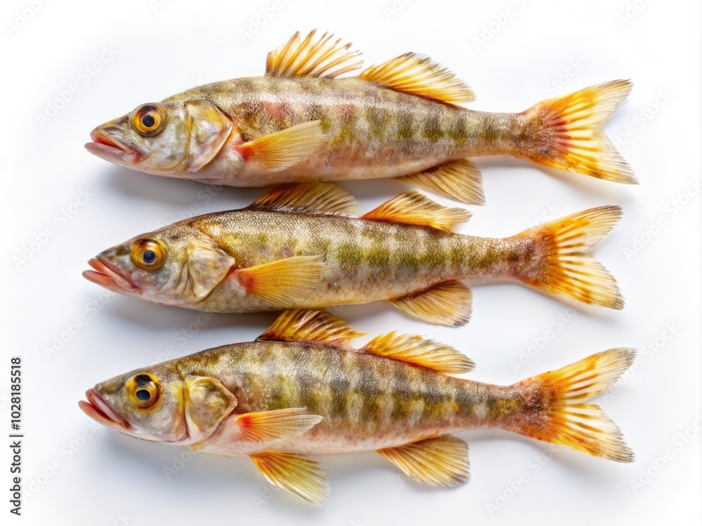 Fototapeta premium Top View of Three Keo Fishes (Pseudapocryptes elongatus) Isolated on White Background - Fresh Seafood Photography for Culinary Inspiration and Recipes