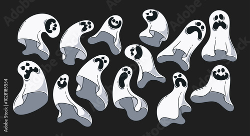Collection Of Cartoon Ghosts Displaying Different Facial Expressions On A Black Background