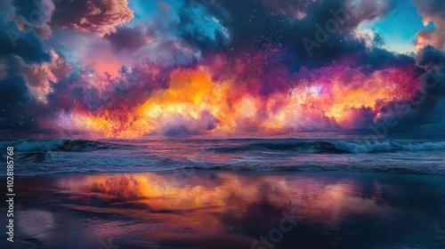 Vibrant Sunset Over Ocean Waves Reflection