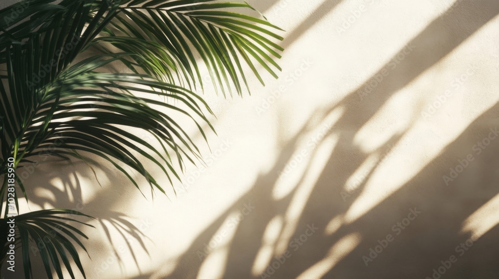 Fototapeta premium Palm Leaf Casts Shadows on a Beige Wall