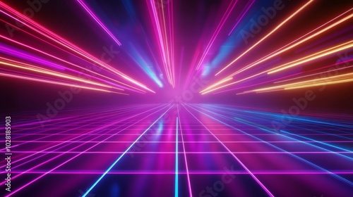 Abstract colorful neon light streaks radiating outwards from a central vanishing point, creating a futuristic and dynamic effect against a black background.