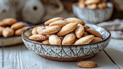 Calissons dAixenProvence on a ceramic plate on a white wooden background Traditional French Provence sweets : Generative AI photo