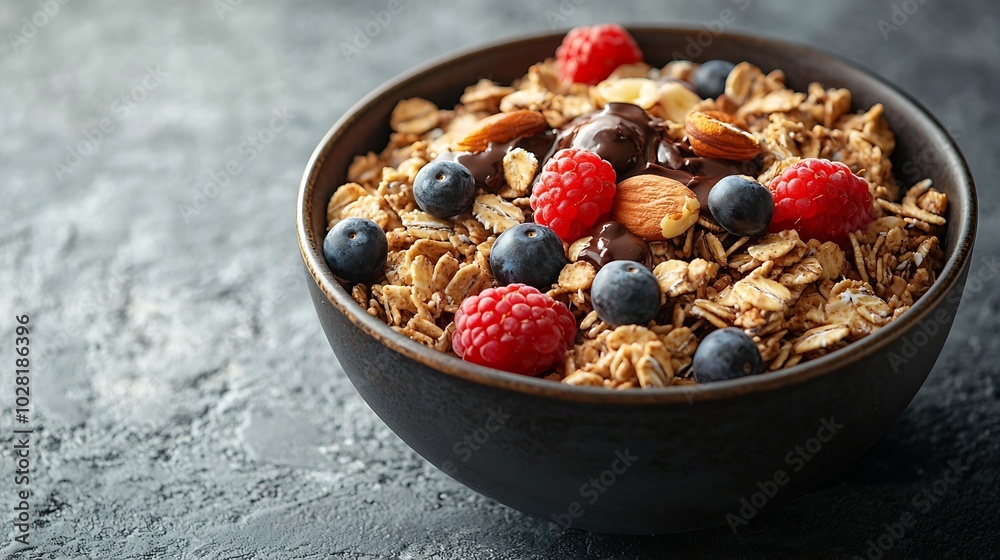 Healthy breakfast Fresh granola muesli in bowl with milk berries chocolate hazelnut spread on a white stone background : Generative AI Healthy breakfast Fresh granola muesli in bowl with milk berries chocolate hazelnut spread on a white stone background : Generative AI