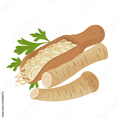 Vector Illustration Logo Clipart Shaved and Pieces Horseradish Root on a Wooden Scoop