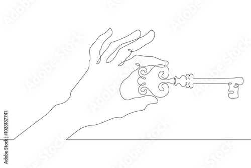 Hand brush palm holds a metal key from the lock with his fingers. One continuous drawing line  logo single hand drawn art doodle isolated minimal illustration.