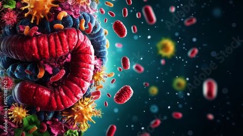 A captivating 3D visualization of the human microbiome, showcasing the intricate interplay of bacteria, viruses, and fungi within the gut.  The image highlights the importance of a diverse and balance photo