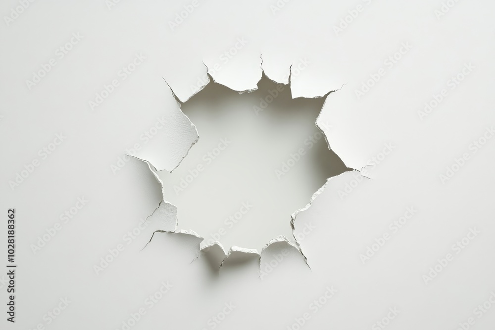 A close-up of a hole breaking through a white wall with a cracked edge, symbolizing vulnerability, fragility, escape, new beginnings, and potential. A close-up of a hole breaking through a white wall with a cracked edge, symbolizing vulnerability, fragility, escape, new beginnings, and potential.