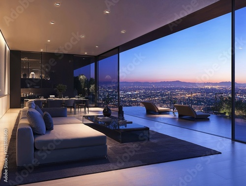 Luxurious open-concept living space featuring modern furnishings and panoramic cityscape views at sunset, with sleek glass walls blending indoor comfort and outdoor elegance.