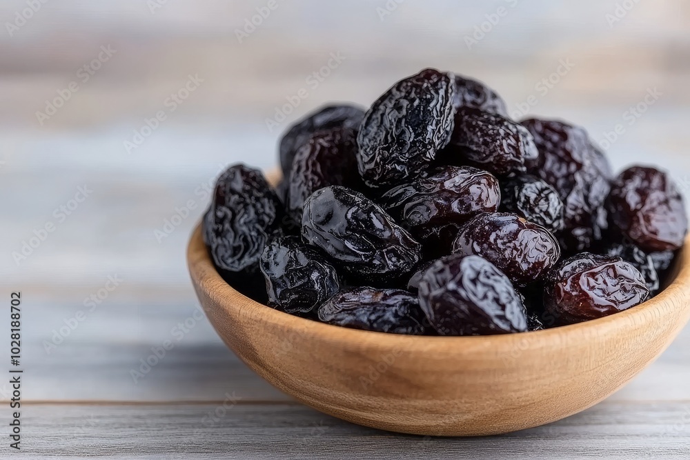 A wooden bowl filled with dark raisins on a rustic surface. A wooden bowl filled with dark raisins on a rustic surface.