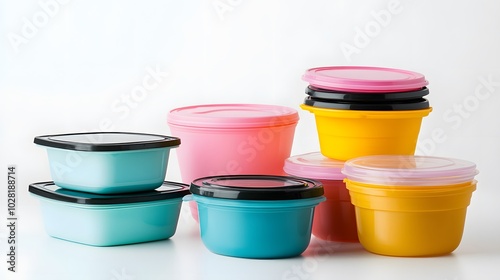 Plastic food storage containers on a white background. 