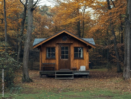 A rustic wooden cabin nestled in an autumn forest, surrounded by colorful fall foliage, creating a peaceful and cozy retreat in nature.