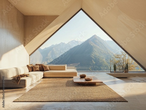 A luxurious open-air lounge with a triangular glass frame, offering breathtaking mountain views, warm wooden accents, and cozy neutral-toned seating for a serene retreat.