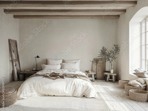 A serene neutral-toned bedroom with soft textiles, wooden accents, and dried plants, illuminated by natural light to create a peaceful and stylish interior.