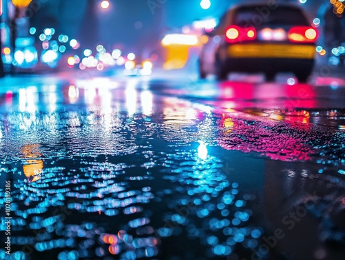 A blurred city street at night with colorful bokeh reflections on wet pavement, capturing the dynamic energy of urban nightlife in an artistic and dreamy composition.