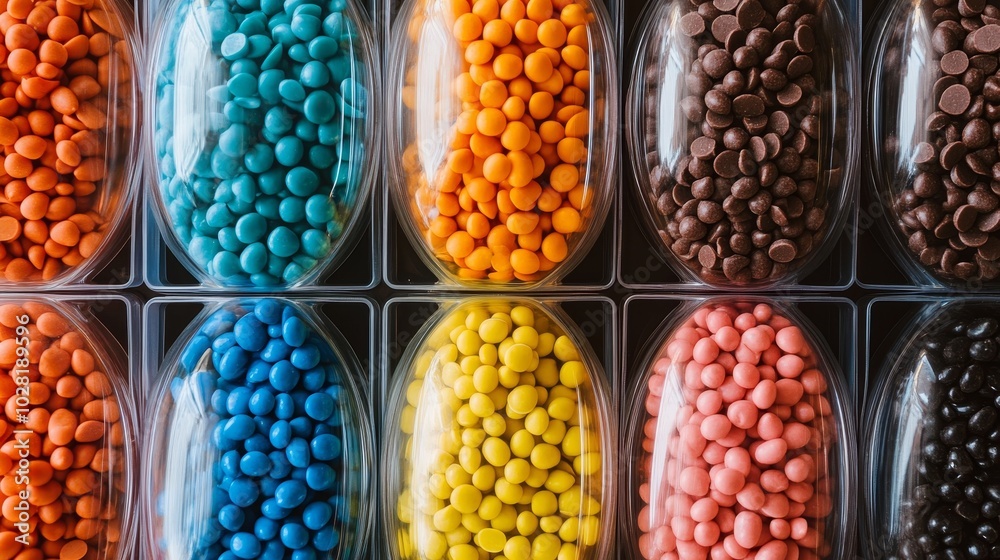 A grid of plastic containers filled with colorful chocolate chips, showcasing a vibrant assortment of flavors and textures. A grid of plastic containers filled with colorful chocolate chips, showcasing a vibrant assortment of flavors and textures.