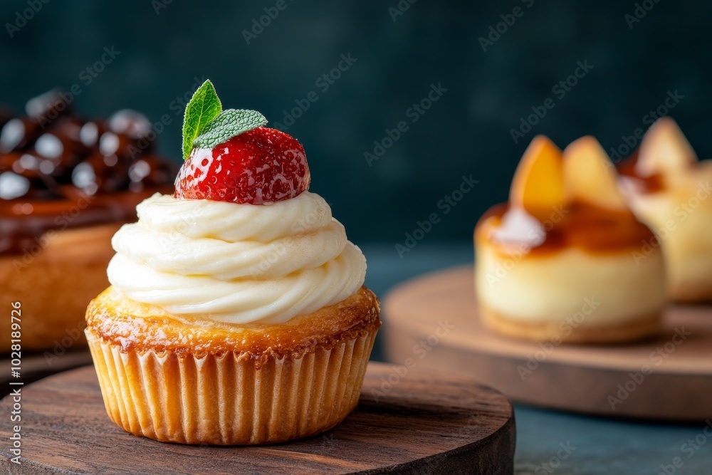 Delicious cupcake with frosting and strawberry on a wooden surface. Delicious cupcake with frosting and strawberry on a wooden surface.