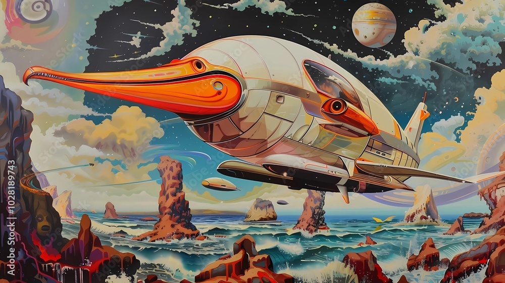 Naklejka premium A summer fantasy space ship, bizzare scene like video, vintage surreal painting, oil on canvas, Generative AI illustrations. 