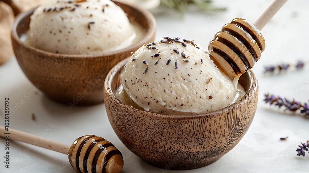 Ice cream with honey and lavender in bowls White background : Generative AI Ice cream with honey and lavender in bowls White background : Generative AI