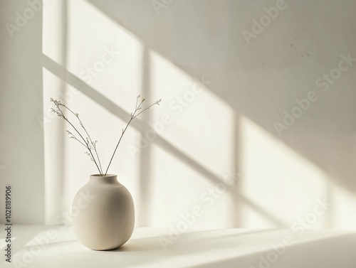 A minimalist ceramic vase with delicate dried flowers placed in soft natural light, casting gentle shadows on a neutral-toned wall, creating a serene and modern aesthetic.