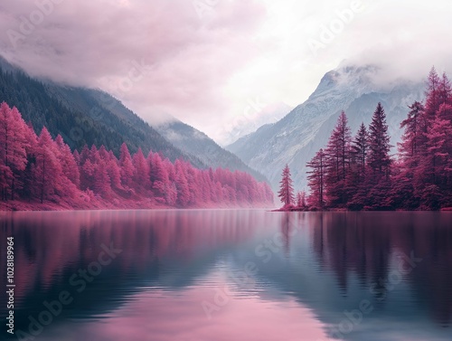 A surreal landscape featuring a calm lake reflecting pink-tinted trees and towering mountains, creating a dreamy and ethereal scene with soft mist in the distance.