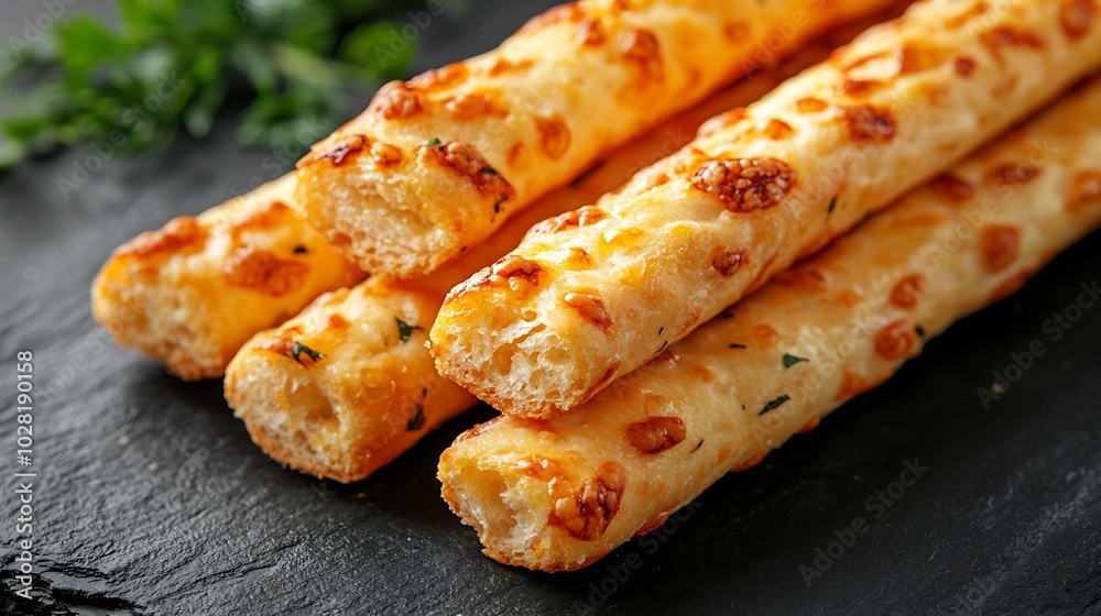 Cheese bread sticks on a dark slate background Selective focus Copy space : Generative AI Cheese bread sticks on a dark slate background Selective focus Copy space : Generative AI