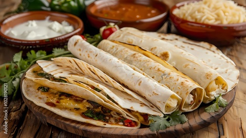 A tacos quesadillas enchiladas chiles en nogada pozole tortas tamales, on wood background, Generative AI illustrations.