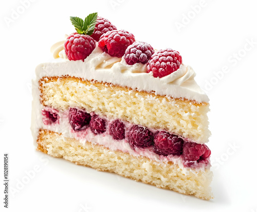 Slice of Raspberry Cake with Whipped Cream.