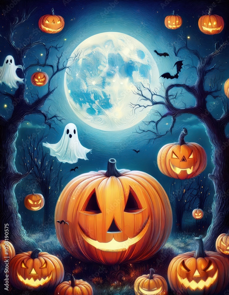 Happy Halloween, ghost, bat flying pumpkins, candle, moon night, banner design on dark Happy Halloween, ghost, bat flying pumpkins, candle, moon night, banner design on dark